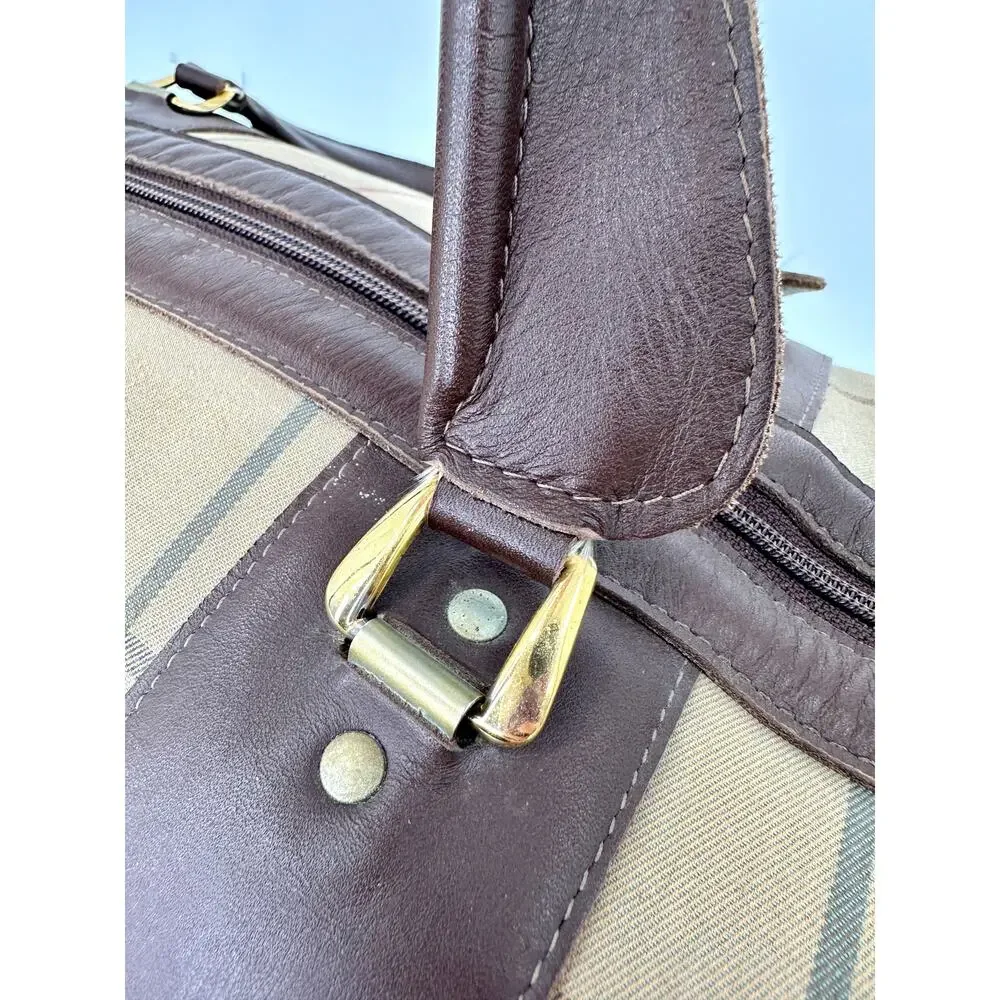 Vintage Burberrys London House Check Canvas Leather Duffle Bag England